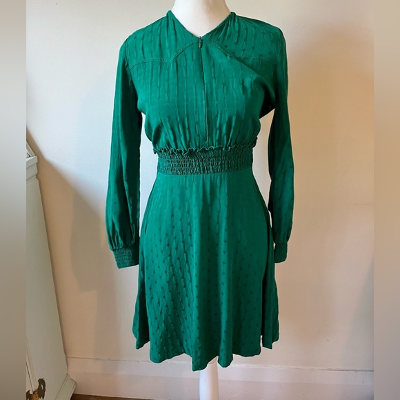 Sandro Green Satin Long Sleeve Mini Dress with Zipper Collar, Size Small - Picture 4 of 12